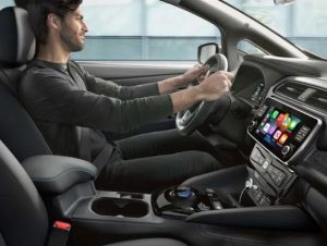 A person driving a 2023 Nissan Leaf near Indianapolis, Indiana.