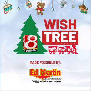 Holiday-themed image with a green tree, bold red text saying "Wish Tree," festive snowflakes, and toys, along with sponsor details.