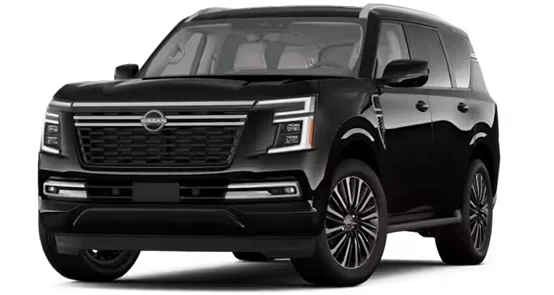 2026 Nissan Armada Platinum Reserve 4WD in black, front three-quarter view