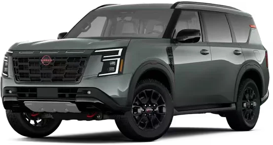 2026 Nissan Armada PRO-4X 4WD in dark gray with black wheels and overfenders, front three-quarter view