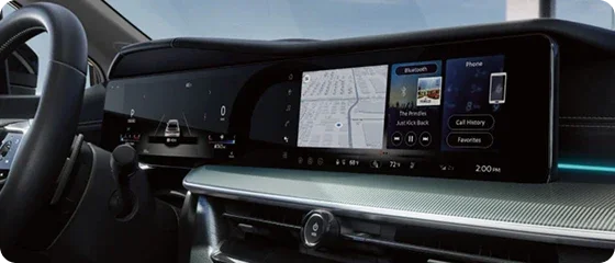 Dashboard of the 2026 Nissan Murano Platinum AWD showing the digital driver display and NissanConnect touchscreen with navigation and audio on screen