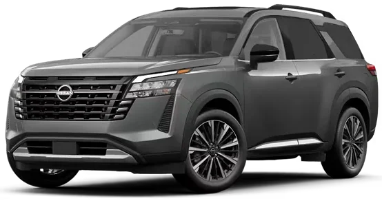 2026 Nissan Pathfinder Platinum 4WD in Boulder Gray, front three-quarter view
